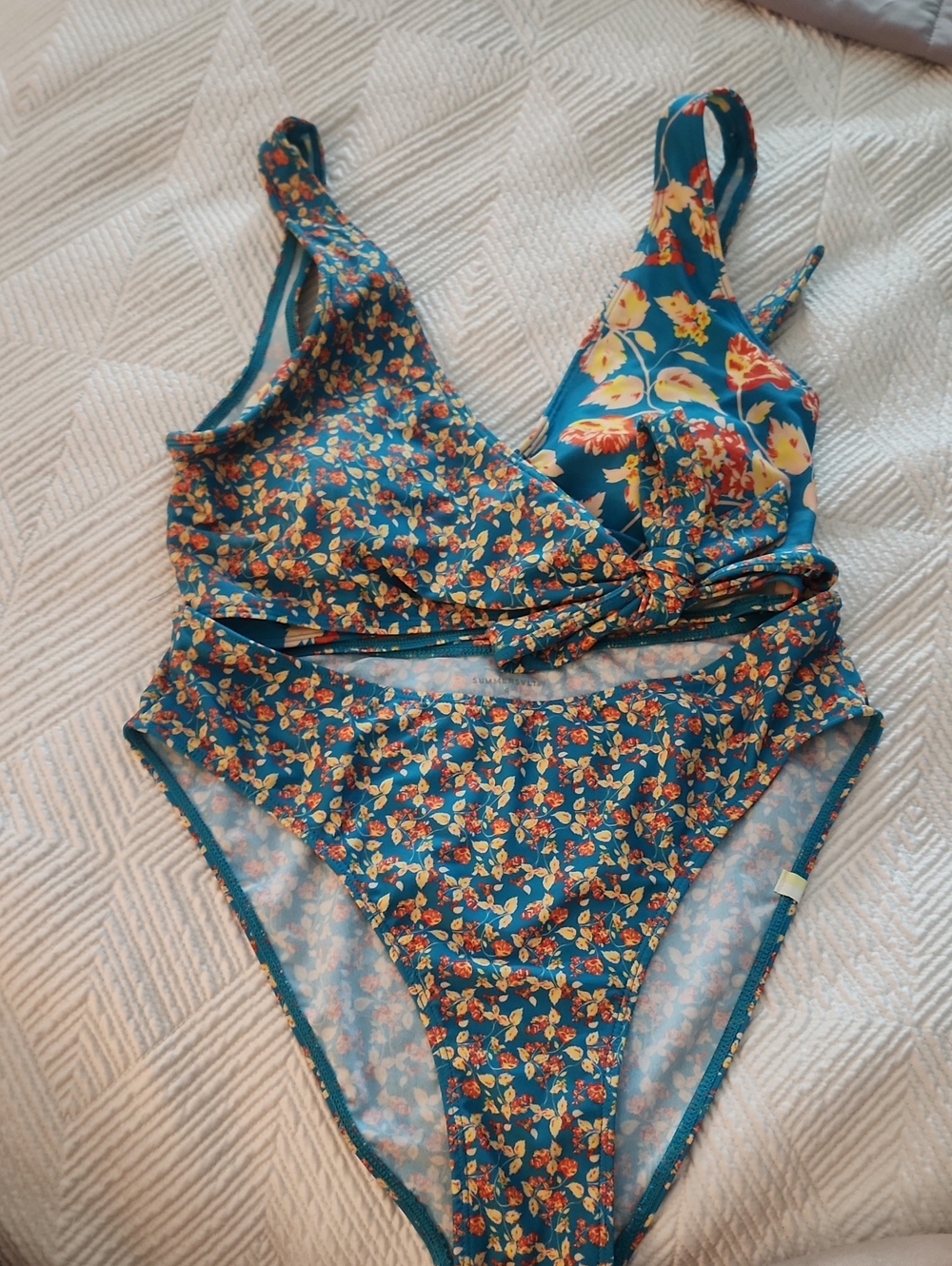 summersalt blue swimsuit with pink floral print Top and Botton - Picture 2 of 6